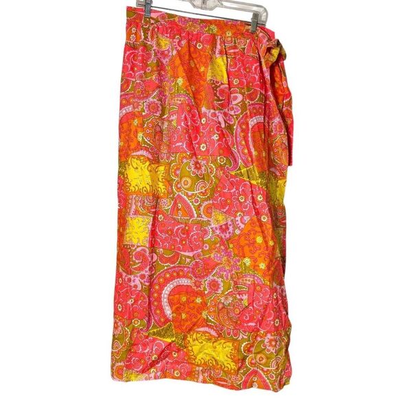 Vintage 1960s Beverly Vogue Wrap Tie Maxi Skirt Mod Orange Paisley Women’s Large - Picture 1 of 4